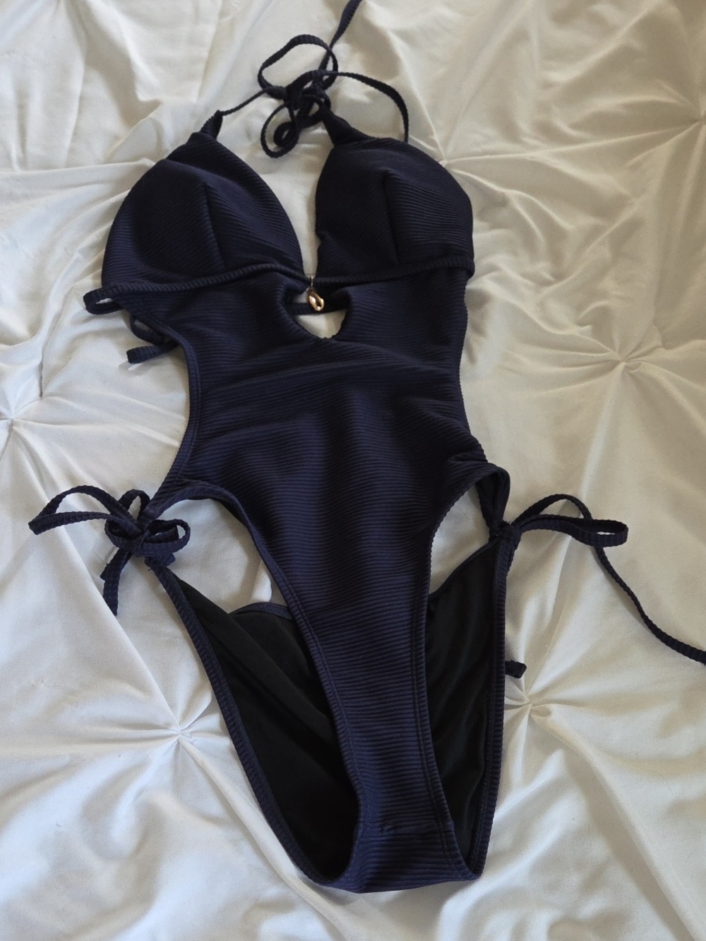 Navy Textured Cutout One-Piece Swimsuit